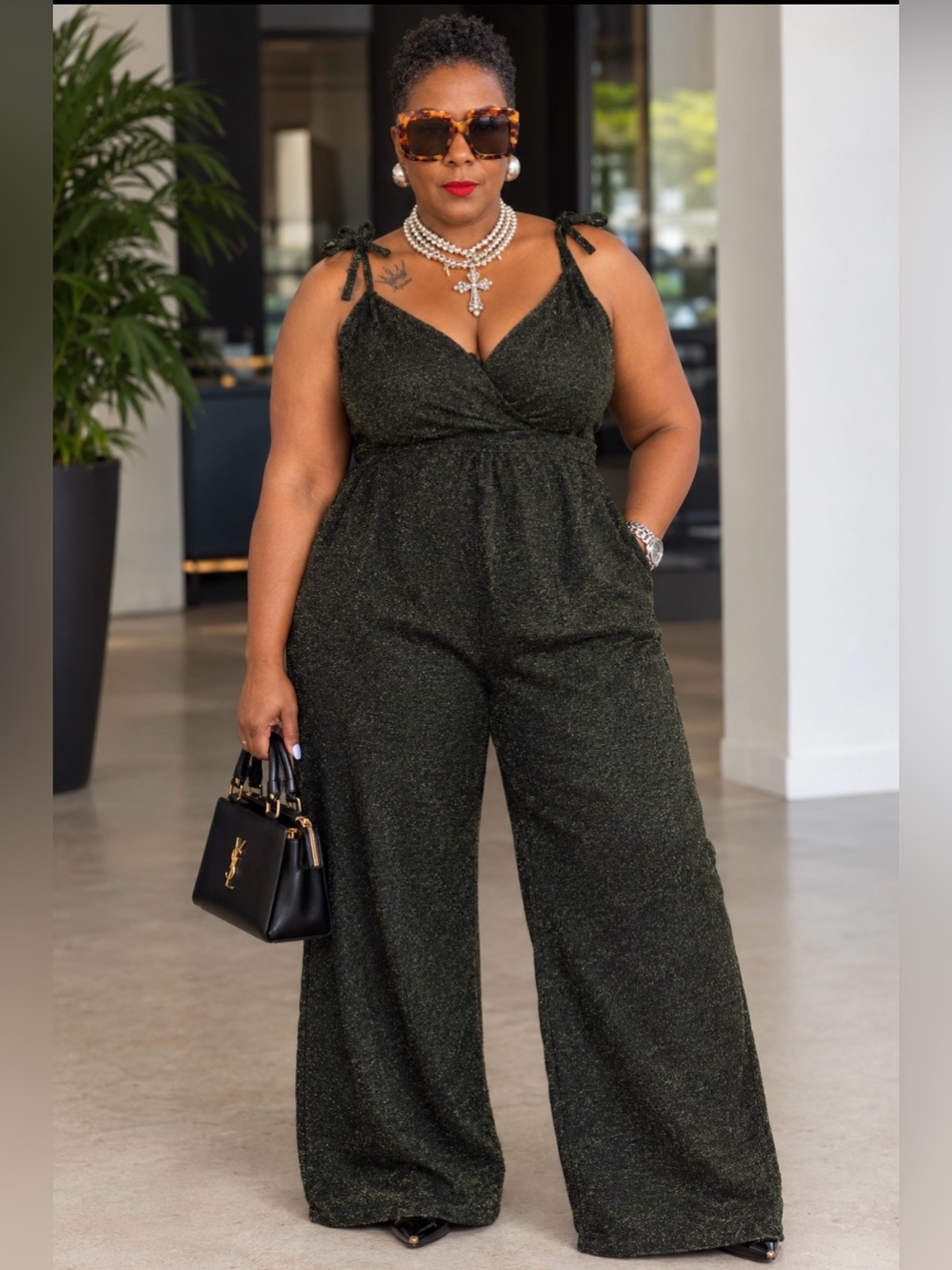 Annabelle Metallic Black w/gold Spaghetti-Strap Jumpsuit